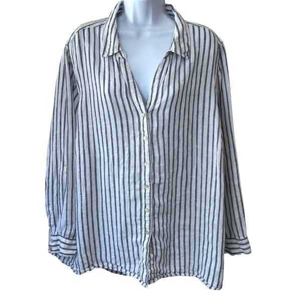 Sigrid Olsen 100% Linen Striped Button Down Blouse Coastal Lagenlook Travel 2X - Picture 2 of 12